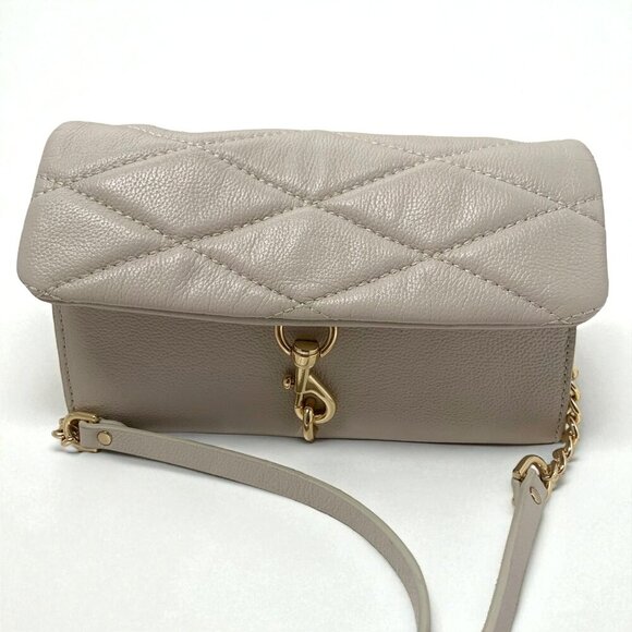 Rebecca Minkoff Quilted Edie Leather Crossbody Bag Convertible Strap Beige/Gold - Picture 4 of 12